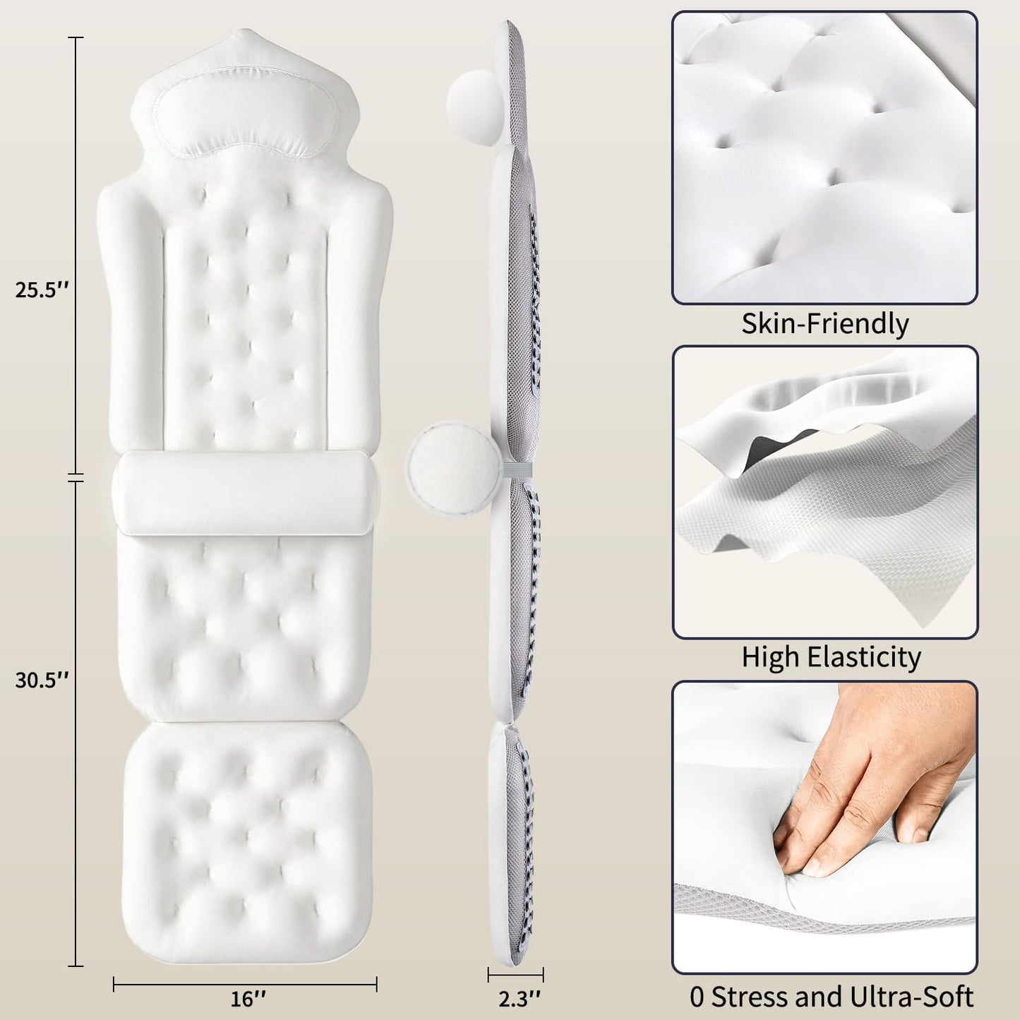 Full Body Bath Pillow for Tub, Thick Bathtub Cushion Mat with Neck, Back & Lumbar Support - Luxury Spa Bathroom Accessories, White