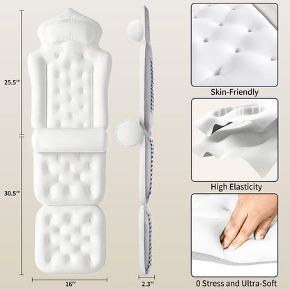 Full Body Bath Pillow for Tub, Thick Bathtub Cushion Mat with Neck, Back & Lumbar Support - Luxury Spa Bathroom Accessories, White