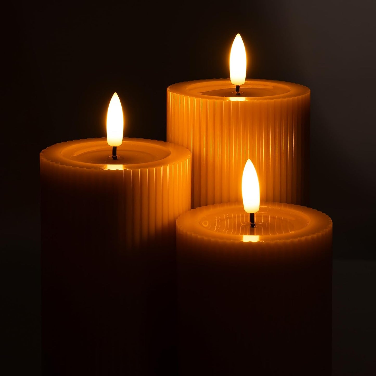 Ribbed Fluted Real Wax Flameless LED Pillar Candles, Loden Sage Olive Green, Melted-Wax Top Look, Flickering Flame, Battery Operated, Remote & Timer, Shelf & Wedding Decor (Set of 3)