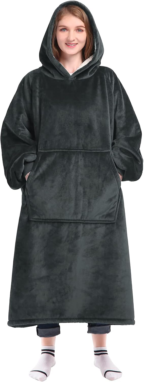 Waitu Wearable Blanket Sweatshirt Gifts for Women and Men, Warm and Cozy Giant Blanket Hoodie, Thick Flannel Blanket with Sleeves and Giant Pocket - Dark Gray