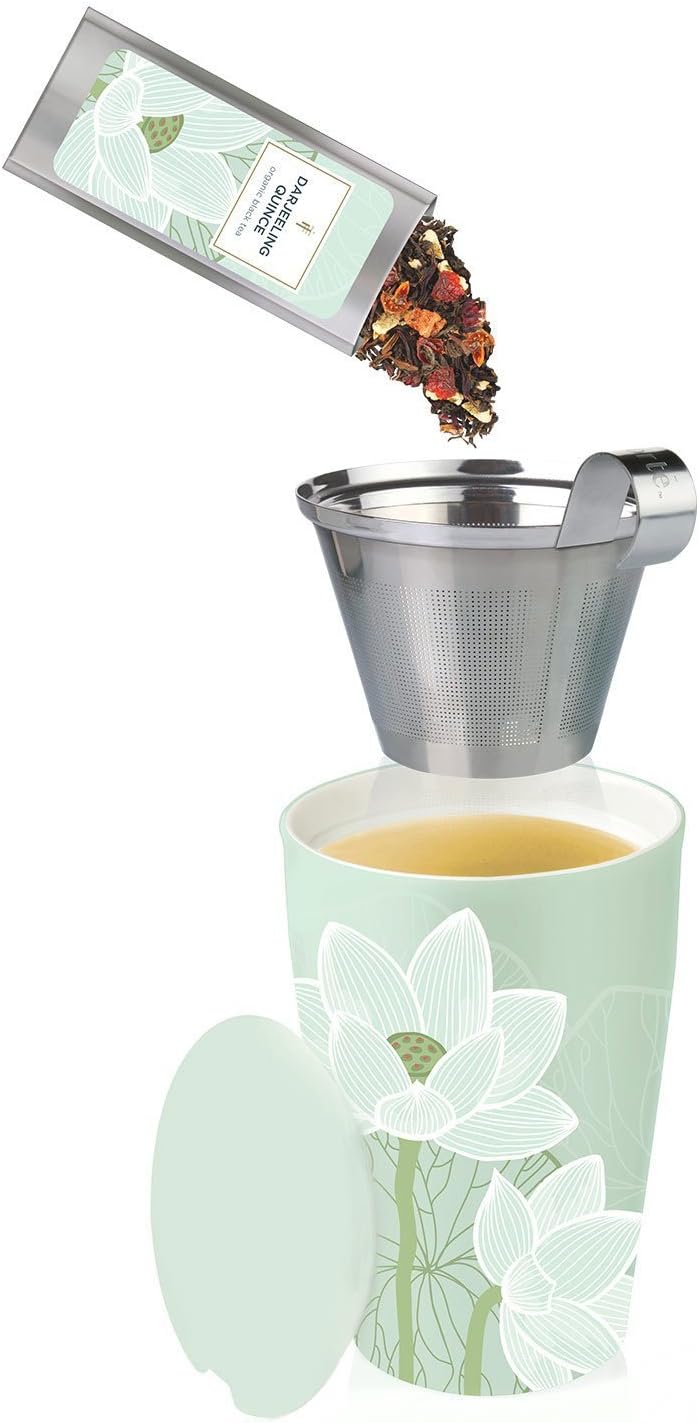 Tea Forte Double-Walled Ceramic Kati Cup, Removable Stainless Steel Infuser Basket and Lid, Steeps 12 oz Loose Leaf Tea, Dishwasher & Microwave Safe, Cherry Blossom