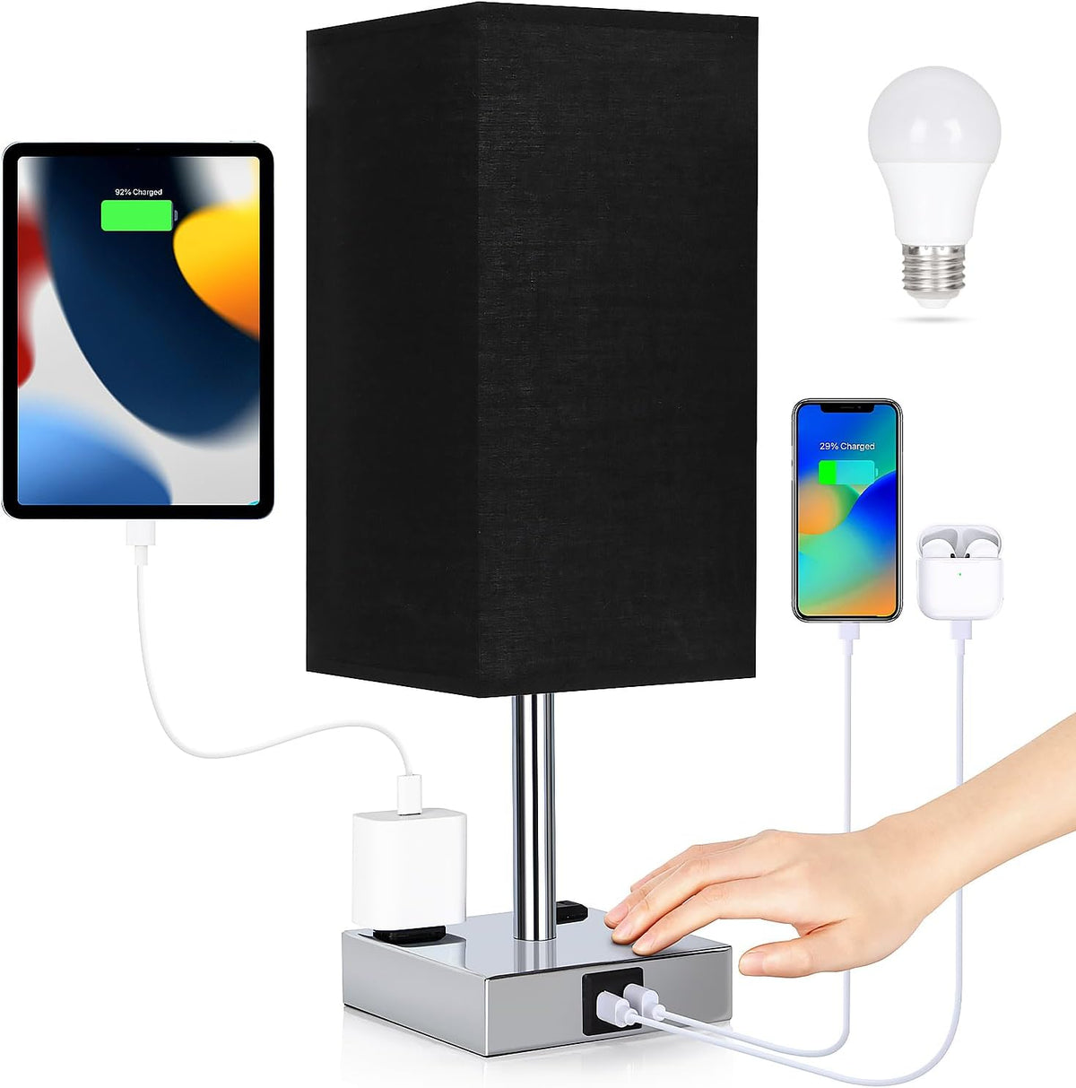 Bedside Table Lamp for Bedroom - Touch Small Lamp with USB C+A Charging Ports & AC Outlets, 3 Way Dimmable Nightstand Light for Living Room (LED Bulb Included, Grey)