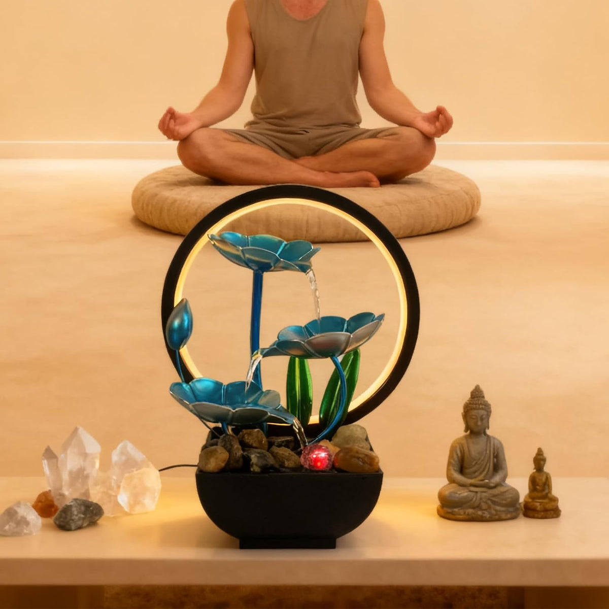 AOZITA Tabletop Fountain, Indoor Waterfall Fountain, Small Home Décor Zen Relaxation Soothing Sound Machine for Office, Living Room, or Bedroom,Blue Metal Lotus with Bud, River Rocks,Round LED