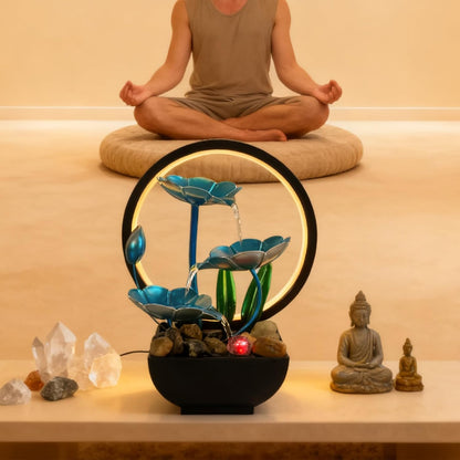 AOZITA Tabletop Fountain, Indoor Waterfall Fountain, Small Home Décor Zen Relaxation Soothing Sound Machine for Office, Living Room, or Bedroom,Blue Metal Lotus with Bud, River Rocks,Round LED