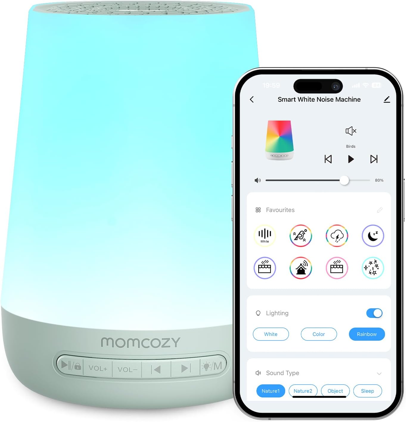 Baby Sound Machine, Momcozy White Noise Machine for Baby Sleeping with Night Light, Toddler Sleep Trainer 34 Soothing Sleep Sounds, Timer, App Remote Control, Personal Sleep Routine Alarm Clock(Blue)