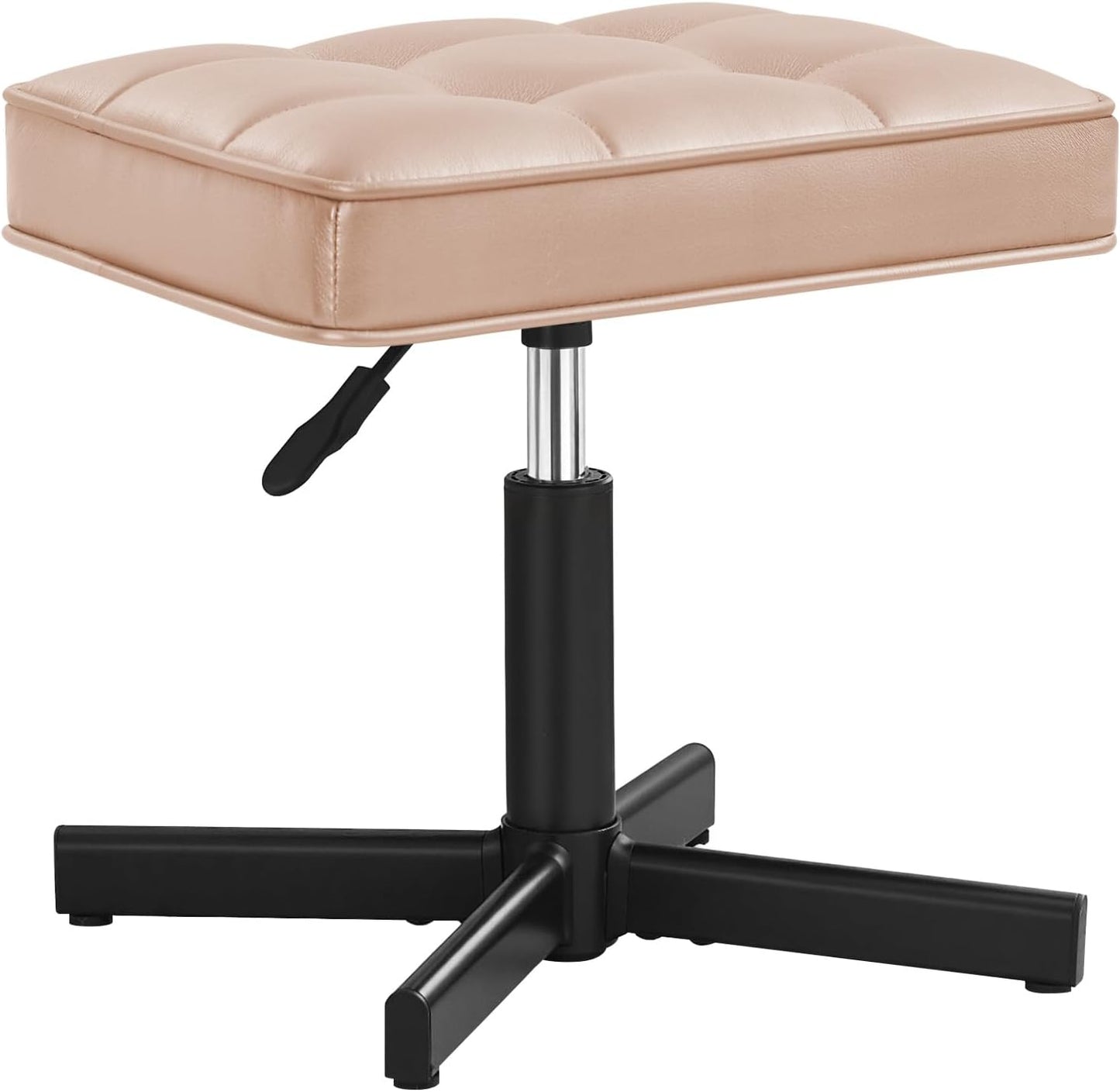 LUE BONA Adjustable Vanity Stool, Foot Rest Under Desk, 360° Swivel Vanity Chair for Makeup Room, Black Upholstered Faux Leather Ottoman for Bathroom & Living Room, 300lbs