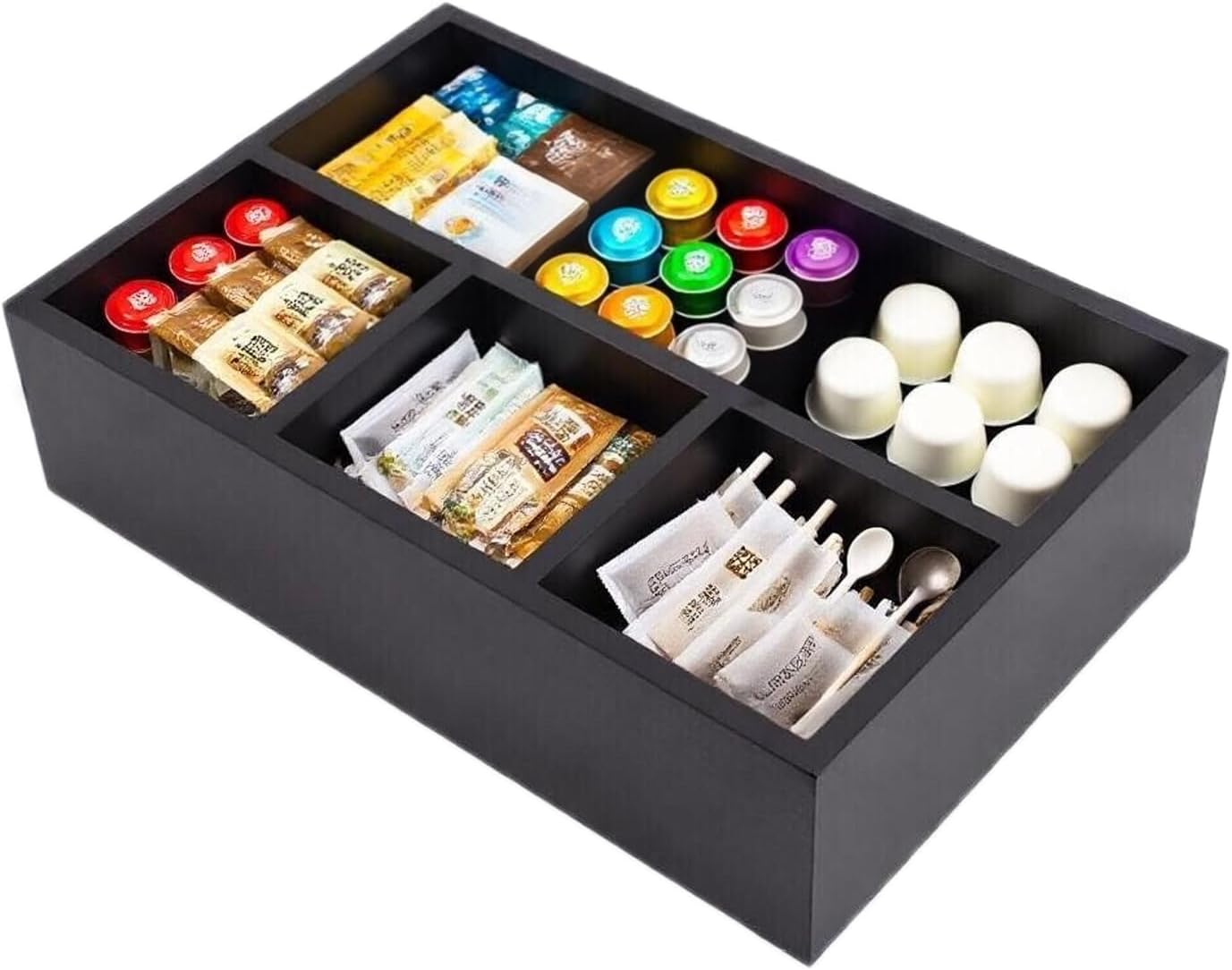Tea Bag Box Black 6 Compartments Tea Organizer Storage Wood Drawer Station