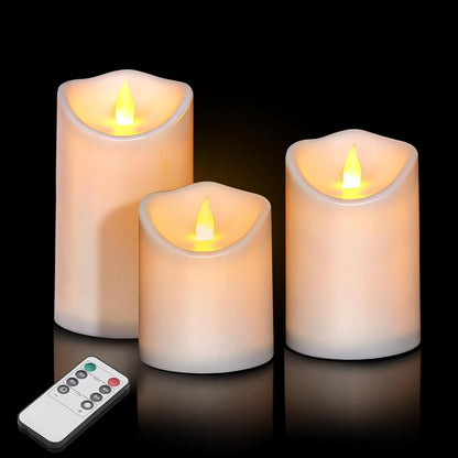 Flameless Candles 4" 5" 6" Outdoor Indoor Pillars Battery Operated Flickering Candles Include 10-Key Remote Timer 400+ Hours by 2 AA Batteries (Ivory Candle - Warm light, 3"D x 4"|5"|6" H - 3 Pack)