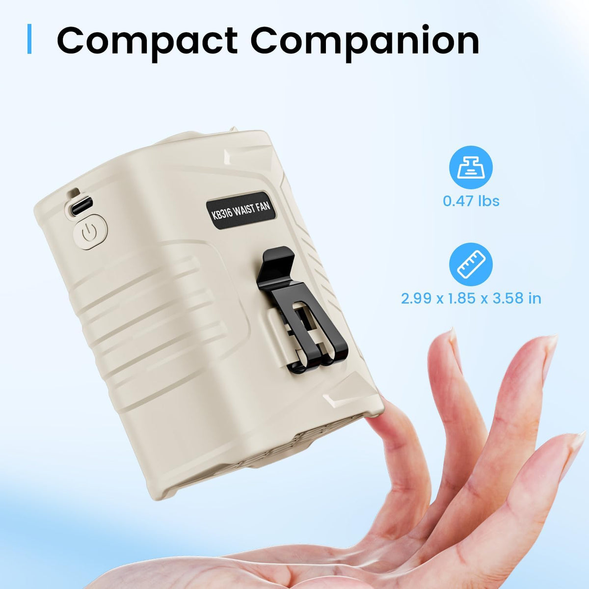 KIBEE Portable Waist Fan, 12500RPM Rechargeable Wearable Belt Clip Fan, Hands Free Cooling Fan for Outdoor Work, Construction, Hiking, Camping, Fishing, Long Battery Life Personal Cooling Device