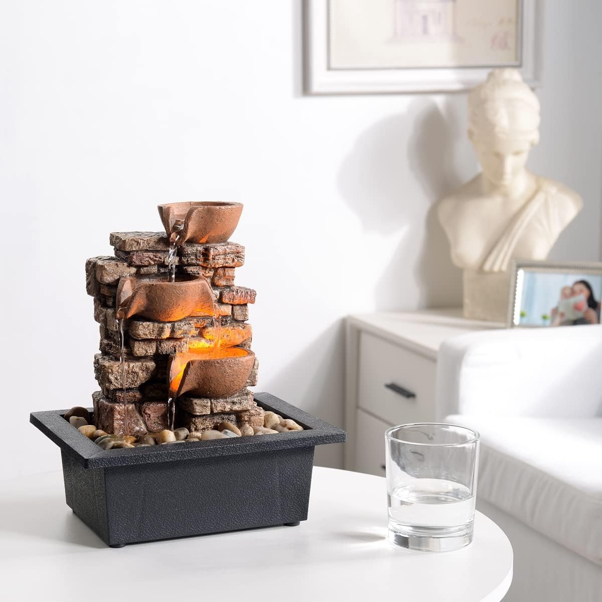 Haobos Indoor Tabletop Fountain 3-Tier Rockery Relaxation, Soothing Sound Home/Office/Bed Room Decor,Gifts for Mom/Grandma Relaxing Waterfall Meditation Tabletop Fountain LED Lights