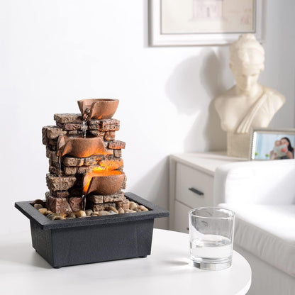 Haobos Indoor Tabletop Fountain 3-Tier Rockery Relaxation, Soothing Sound Home/Office/Bed Room Decor,Gifts for Mom/Grandma Relaxing Waterfall Meditation Tabletop Fountain LED Lights