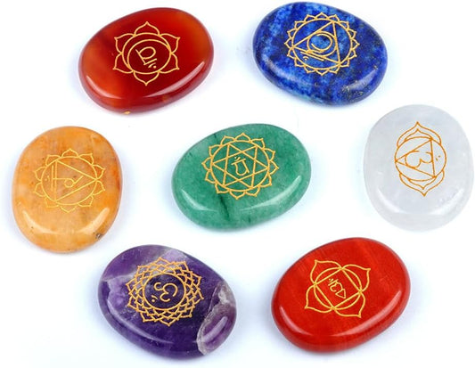 Gemstone Worry Stone, Chakras Worry Stone for Anxiety, Hand Carved Natural Pocket Palm Stones Water Drop Shape 7 Chakra Crystals and Healing Stones for Yoga Meditation 1.7"