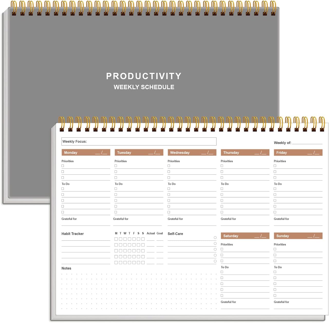 Weekly Productivity Planner - 8" x 11" Dashboard Desk Pad/Planner, Habit Tracker, Spiral Undated Weekly Planner for Office/School/Home, 54 Weeks, Grey