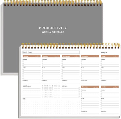 Weekly Productivity Planner - 8" x 11" Dashboard Desk Pad/Planner, Habit Tracker, Spiral Undated Weekly Planner for Office/School/Home, 54 Weeks, Grey