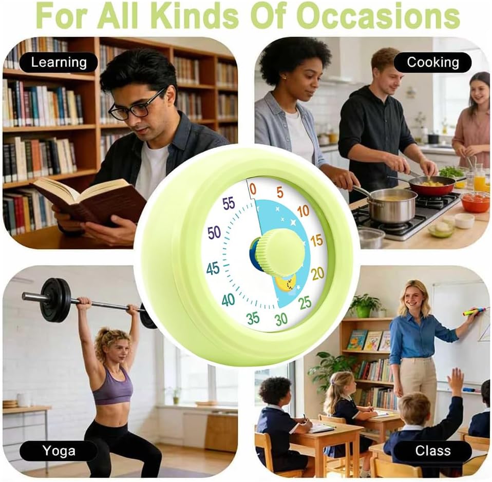 Visual Timer for Kids & Adults, 60 Minute Rainbow Countdown Timer, Time Management Tool for Classroom, Home, Kitchen, Office, School (Green-Round-Rainbow)