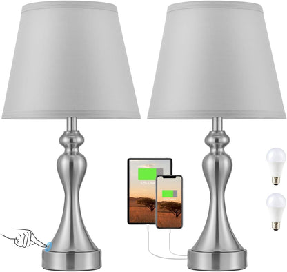 Touch Lamps for Nightstand, 3 Way Dimmable Bedside Lamps with USB C+A Ports