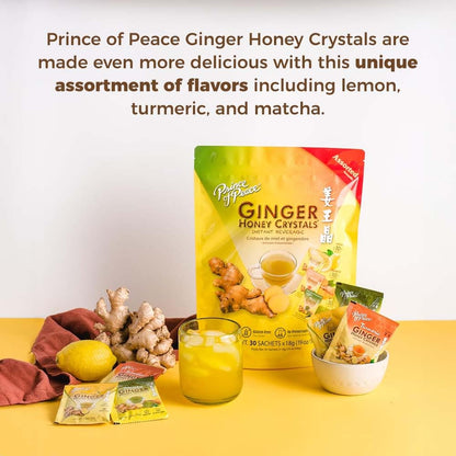 Prince of Peace Instant Ginger Honey Crystals Assorted, 30 Sachets – Instant Hot or Cold Beverage that Soothes Throat – Easy to Brew – Drink Like a Tea – Gluten Free – Real Ginger