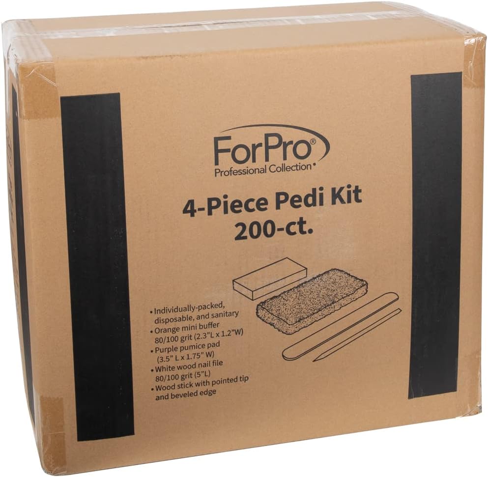 ForPro 4-Piece Pedi Kit, 100-Count, Individually-Packed Pedicure Set, Purple Pumice Pad, White Wood Nail File 80/100 Grit, Orange Mini Buffer 80/100 Grit, Wood Stick