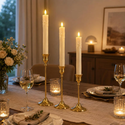 Candle Holder Set of 3, with 3 Flameless Candles & 1 Remote(Gold) | Taper Candle Holders, Metal Non Slip Stable Base, for Home Decor, Holiday Party, Pet & Kid Friendly