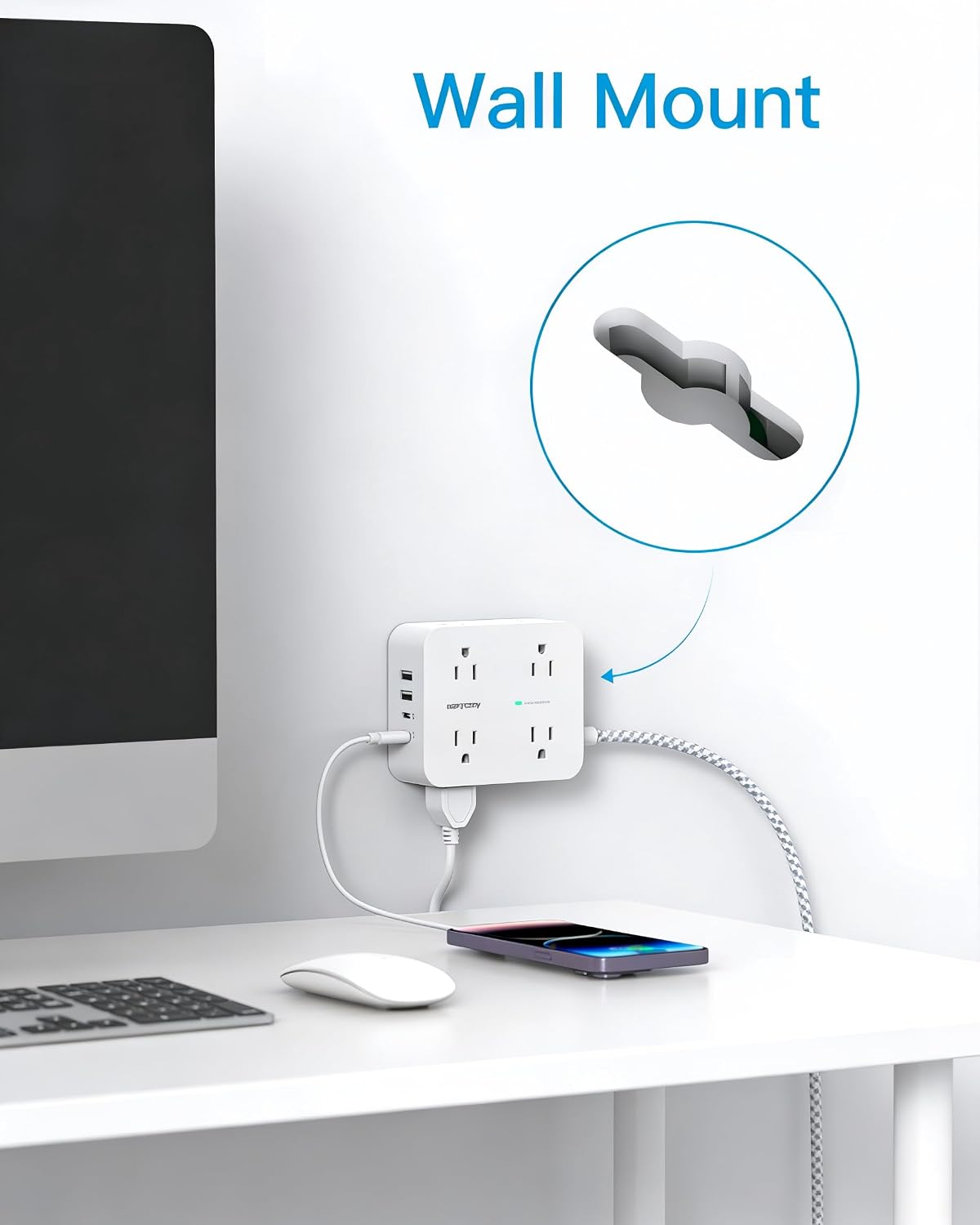 HANYCONY Surge Protector Power Strip, 1080J, 5 Ft Braided Extension Cord