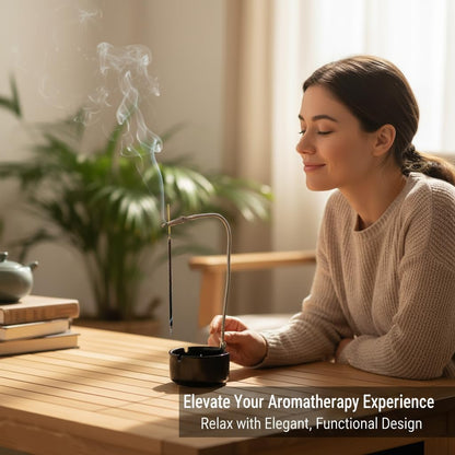 Modern Incense Holder with Flexible Metal Stand, Silver Ash Collector Base, Minimalist Design for Home Meditation and Aromatherapy. (Black + Clip)