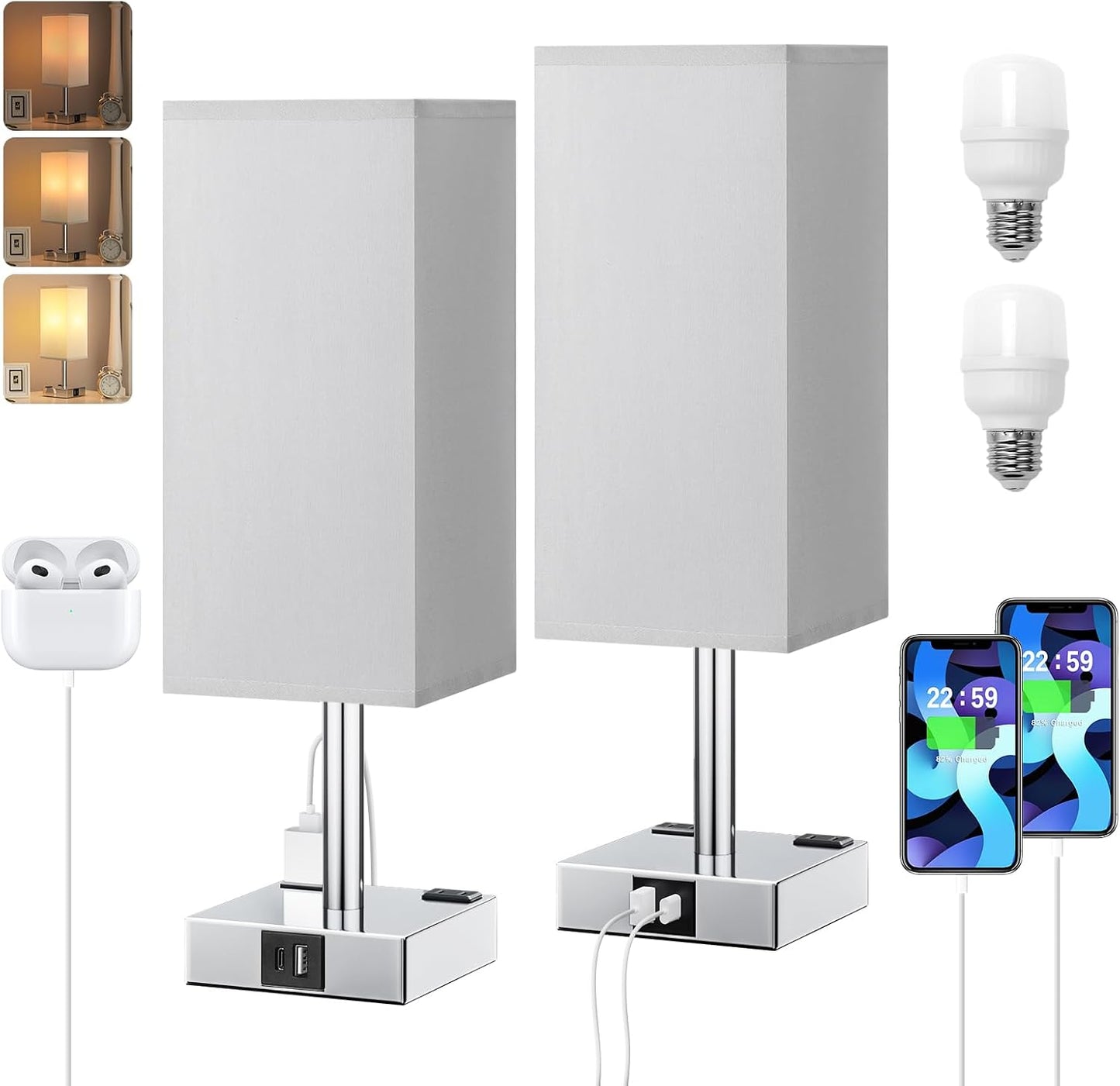 【Upgraded】Bedside Table Lamp Touch Control, with USB C+A Charging Ports & Dual AC Outlets, 3-Way Nightstand Lamp for Bedroom with LampShade Living Room Office(LED Dimmable Bulb Included)