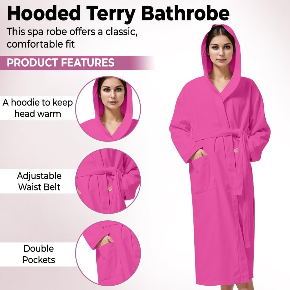 KAHAF COLLECTION Women Hooded 100% Cotton Terry Bathrobe, Soft Absorbent Quick Dry Robe for Spa, Shower & Home Wear