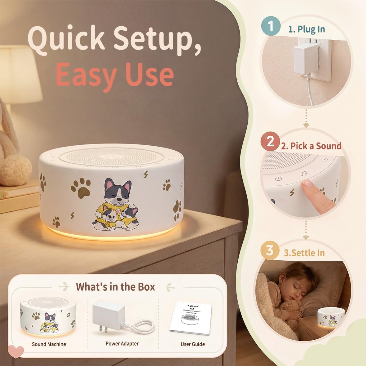Kipcush White Noise Machine for Baby & Adults, 30 Soothing Sounds, Soft Non-Glare Nursery Lamp, 8 Color Night Lights, Memory Function (Angel V1 White, Standard)