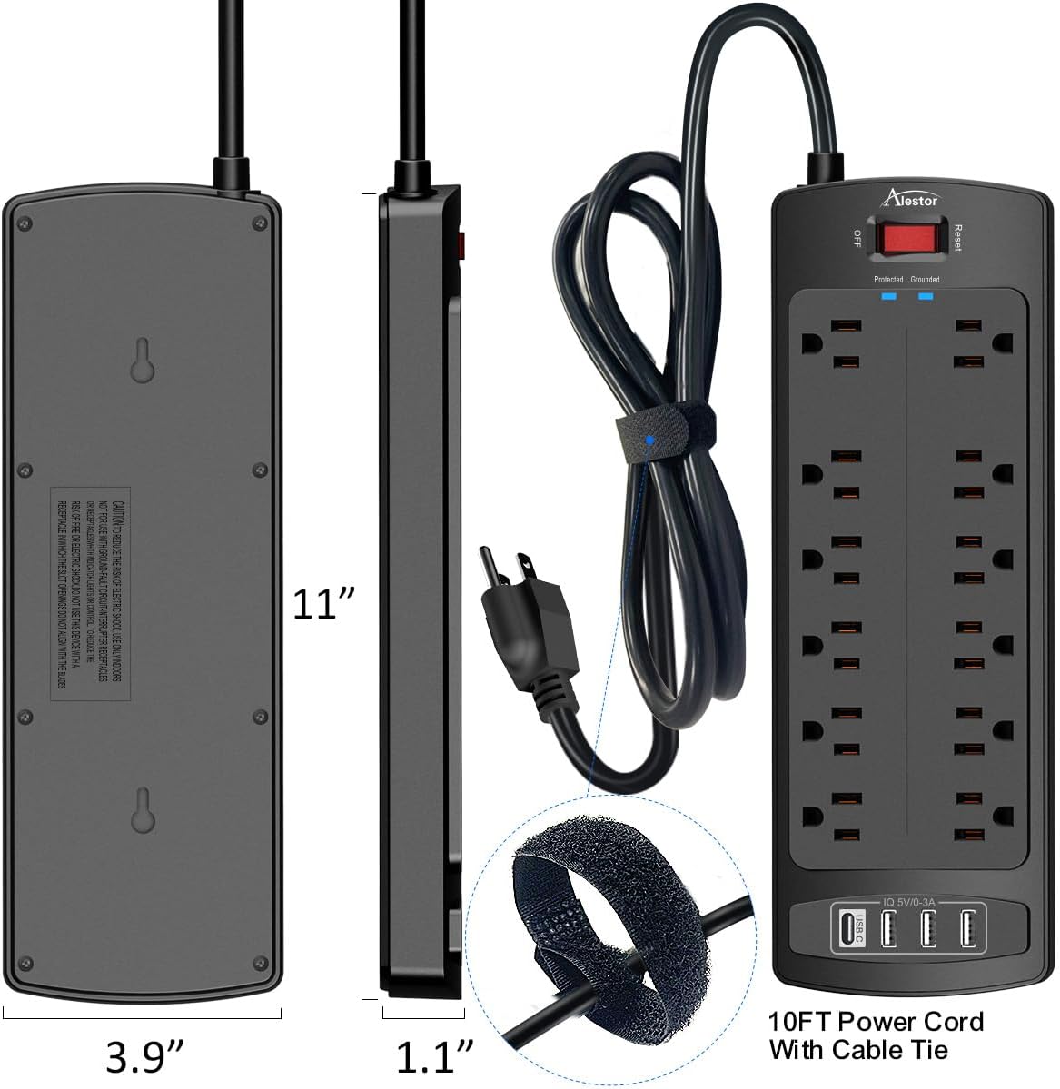 ALESTOR 6 Ft Surge Protector Power Strip with 12 Outlets and 4 USB Ports