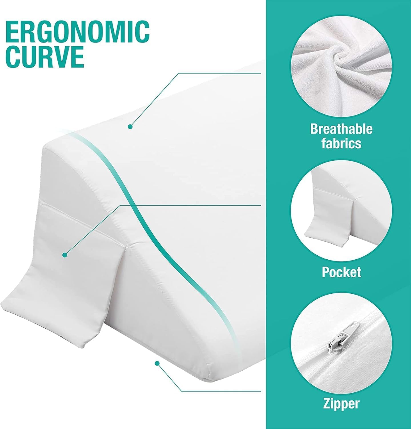 Vekkia 24" x 24" x 5.5" Bed Wedge Pillow for Sleeping – Triangle Pillow for Sleep Apnea, Acid Reflux, Snoring & Back Support, Post-Surgery Recovery, with Pockets & Washable Cover