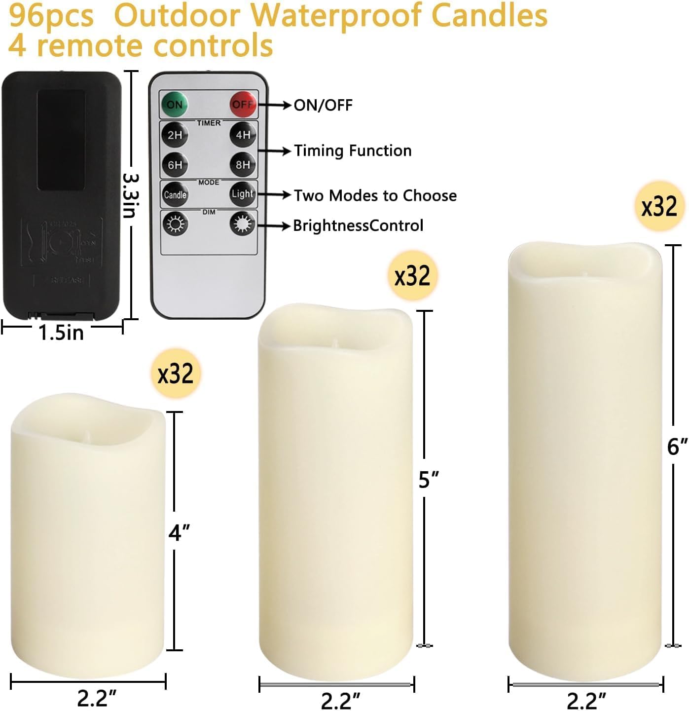YOROXRG Set of 24 Waterproof Outdoor Flameless Candles, LED Candles with 4 Remote and Timer,(H 4" 5" 6" x D 2.2"),for Christmas,Halloween,Wedding,Festival