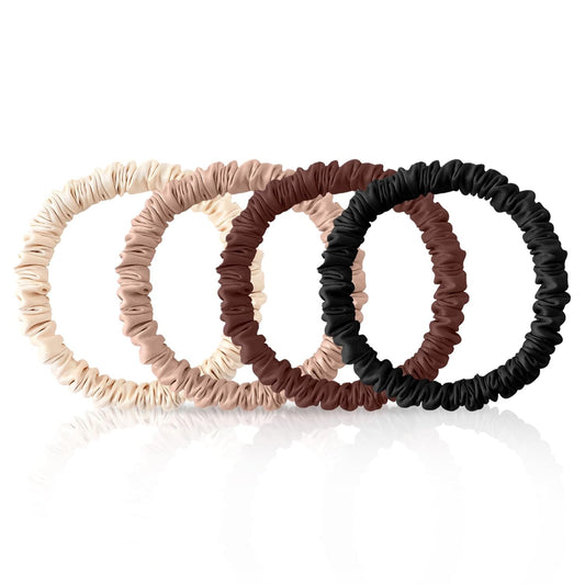 4Pcs Mulberry Silk Scrunchies Set, Silk Hair Ties Elastic for Women, Skinny Scrunchies Reduces Breakage for All Hair Types