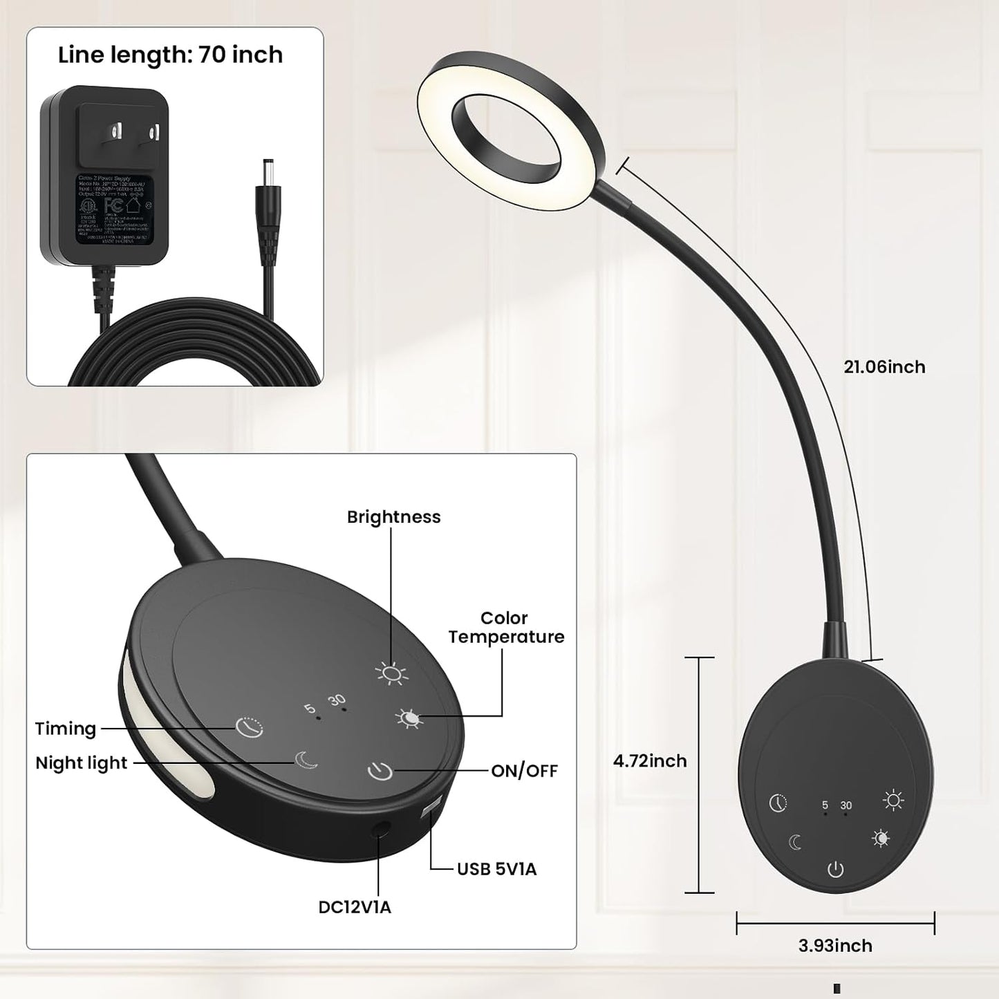 Wall Mounted Reading Light, Bedside Headboard Lights with 5 Color Temperature & 5 Dimming, 360 Flexible Gooseneck, USB Output, Night Light & Timer Function - Perfect for Reading (Black)