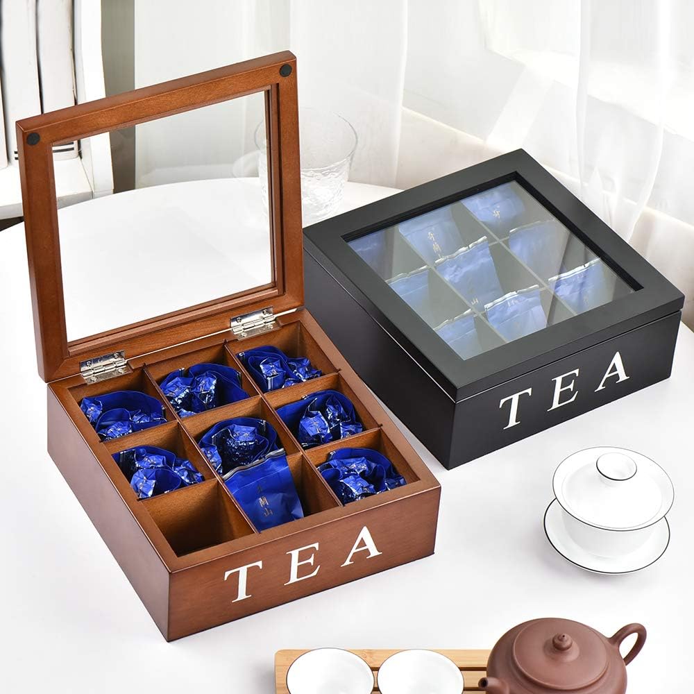 Wood Tea Storage Box, Teabag Storing 9 Compartments Wooden Tea Box Hinged Glass Lid Tea Organizer-Black