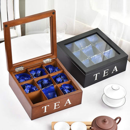Wood Tea Storage Box, Teabag Storing 9 Compartments Wooden Tea Box Hinged Glass Lid Tea Organizer-Black