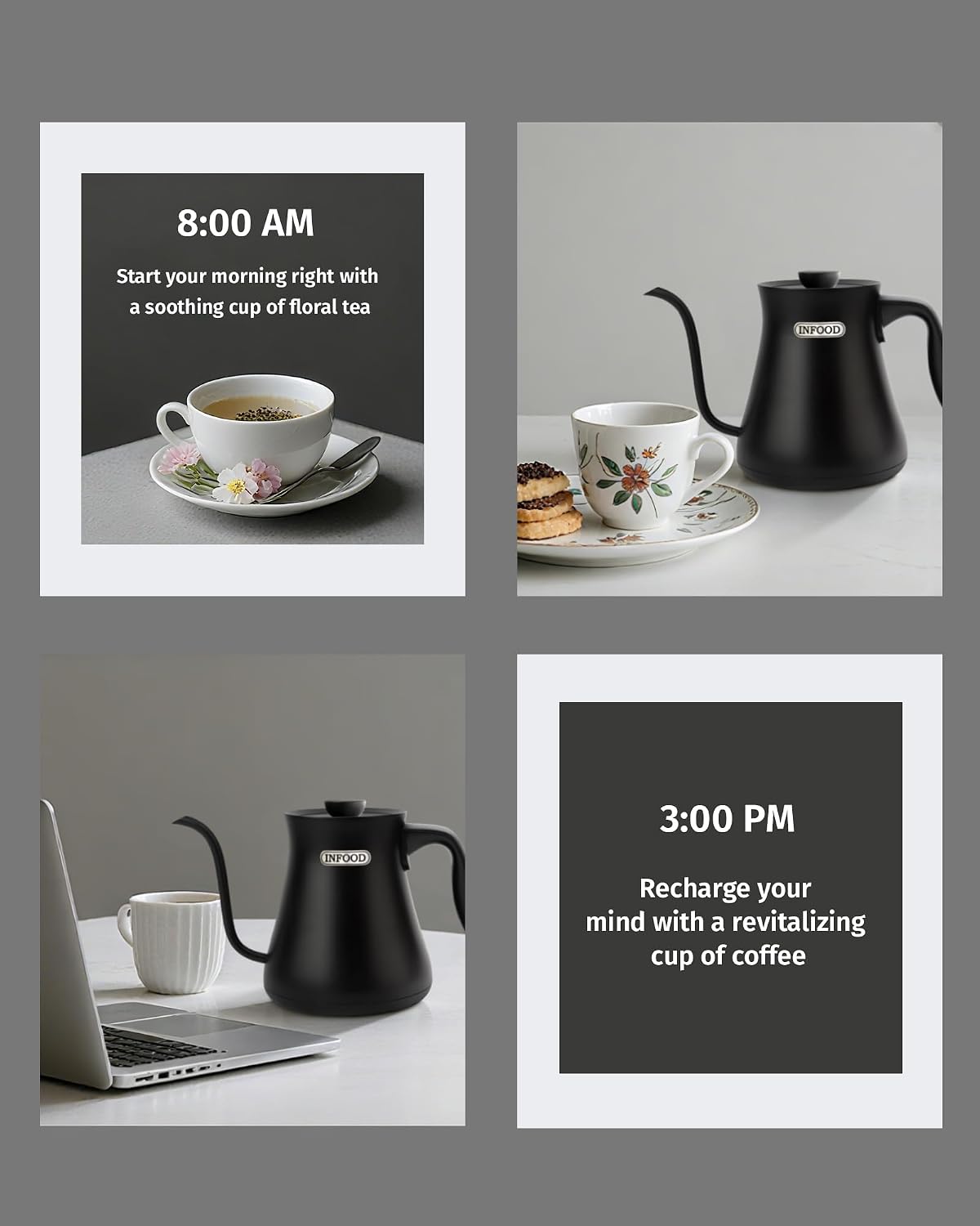INFOOD 0.8L Gooseneck Electric Kettle, Precise Temperature Control for Pour Over Coffee & Tea, 1200W Fast Boiling Water, Auto Shut Off, Scheduling, Stainless Steel, Floral Painted Design