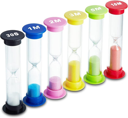 Sand Timer 6 Colors Hourglass Sandglass Sand Clock Timer 30sec / 1min / 2mins / 3mins / 5mins / 10mins (Pack of 6). for Classroom Game Home Office, Toothbrush Timer for Children Kids