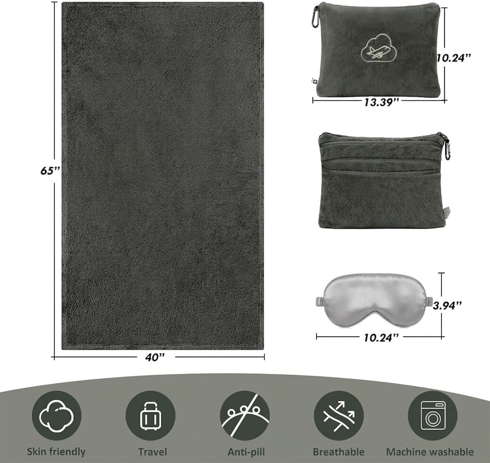 Travel Blanket Pillow,Airplane Blanket Compact with Bag Eye Mask, Ultra-Soft,Warm & Lightweight Included,Travel Essentials for Women & Men, Luggage Sleeve & Backpack Clip 65x40 in, Grey