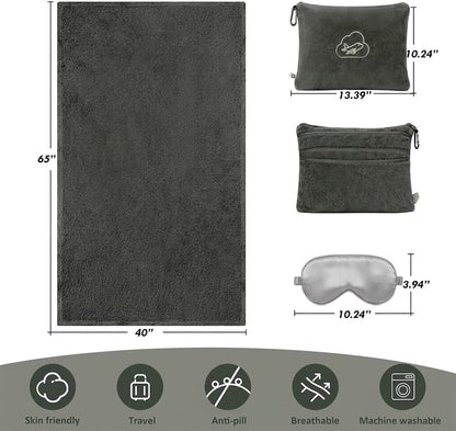 Travel Blanket Pillow,Airplane Blanket Compact with Bag Eye Mask, Ultra-Soft,Warm & Lightweight Included,Travel Essentials for Women & Men, Luggage Sleeve & Backpack Clip 65x40 in, Grey