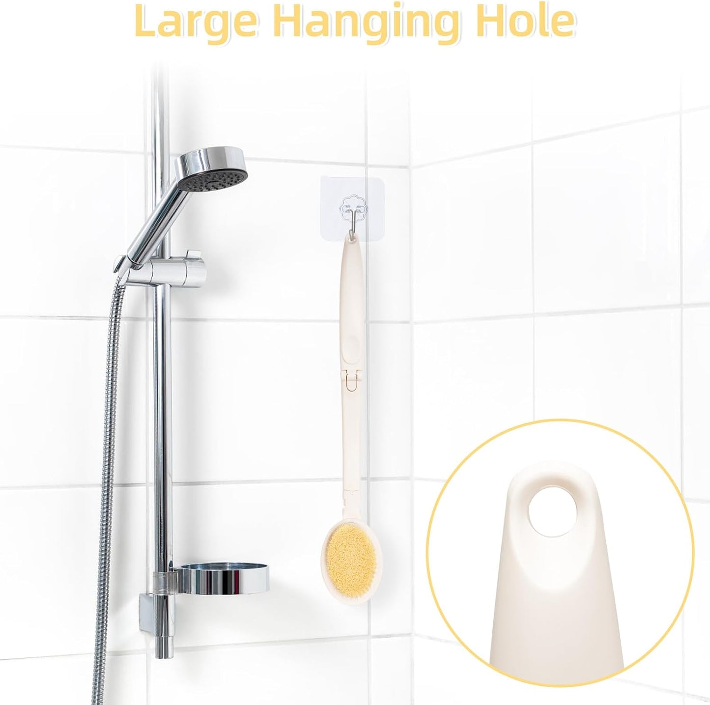 LFJ 19" Long Handle Shower Sponge Brush Set, 3 in 1 Body Brush, Bath Sponge and Lotion Applicator Improved Skin Health, Suitable for Men and Women (White Brush-1P)