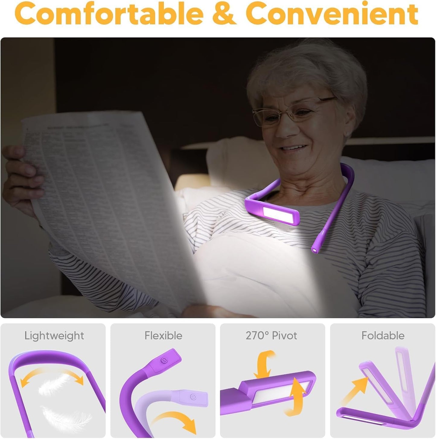 Neck Reading Light Book Lovers Gifts, Rechargeable 80Hrs Eye-friendly 3 Colors & Stepless Dimming Book Light for Reading, Christmas Stocking Stuffers for Men Women Camping Knitting Crochet Accessories