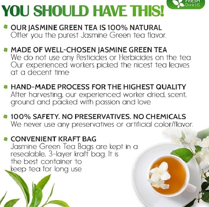 60 Jasmine Green Tea Bags, 100% Natural Ingredients Herbal Tea, Individually Wrapped Seal, Blend for Wellness, Vegan, No Sugar,Floral Smoothness, Caffeinated,, Boost Immunity & Rich in Antioxidants. (Jasmine + Green Tea)