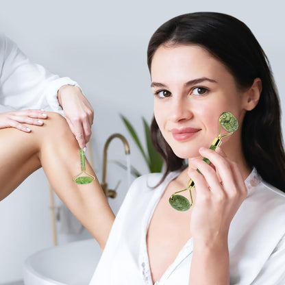 Jade Roller & Gua Sha Set 5-in-1, Full Body Massage Tools | Cool natural Xiuyan jade for depuffing facial massage, portable travel skincare kit, ideal stocking stuffer gifts for women
