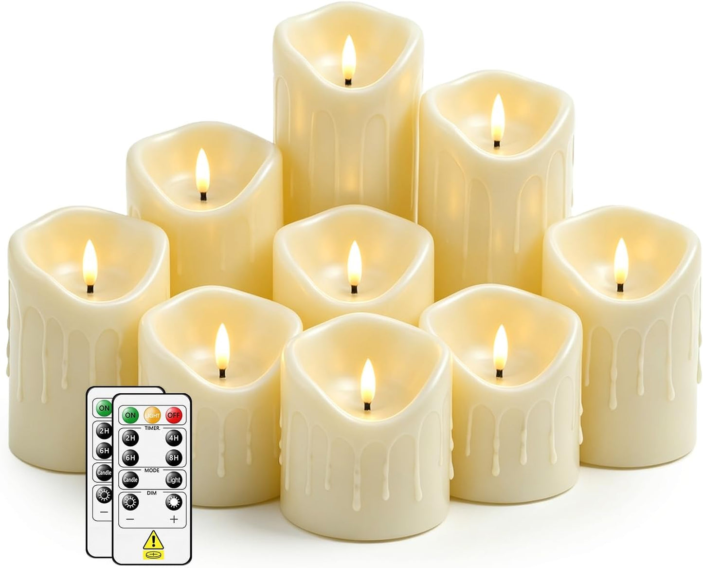 Nimiko Flameless Candles with Remote, Battery Operated Flickering Flameless Candles, LED Candles with Timer 2/4/6/8H, with Realistic LED Candles Set of 9 (D3 x H 3" 4" 5" 6" 7") (Ivory)