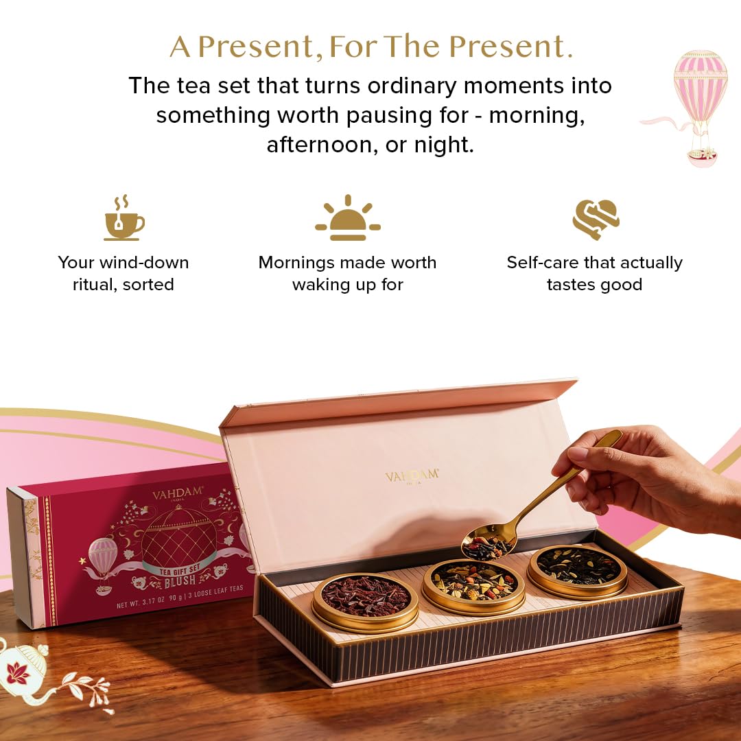 VAHDAM, BLUSH - Assorted Tea Gift Set, 3 Premium Teas in Tin Caddy Presentation Box | Loose Leaf Teas | Gift for everyone