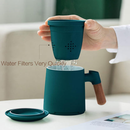 ZENS Embossed Ceramic Tea Mug with Infuser and Lid, 14.5 oz Wooden Handle, Loose Leaf Tea Steeper Cup & Strainer for Tea Lovers Gifts