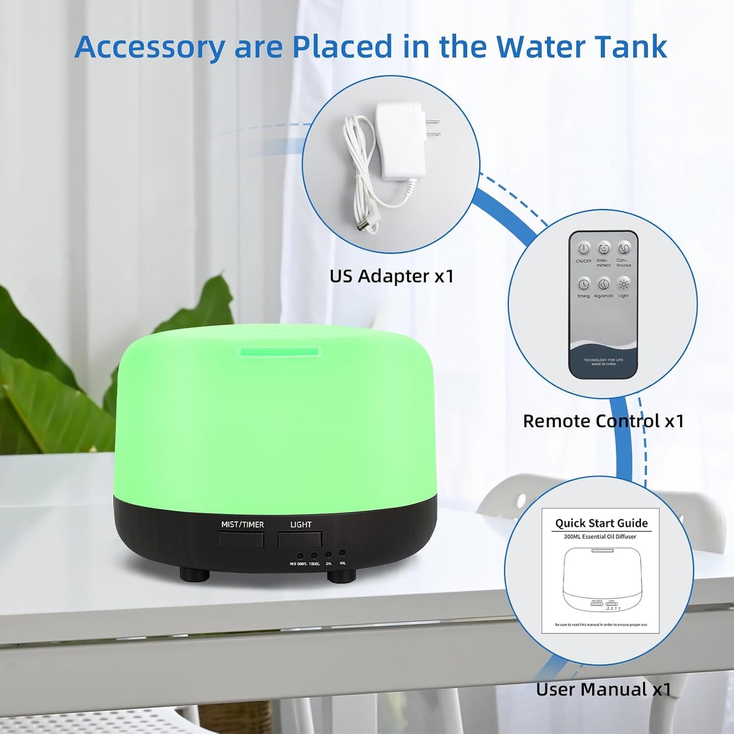 SPLITSKY Aromatherapy Essential Oil Home Diffuser with Remote Control, 300ML Large Room Cool Mist Air Humidifier, 8 Hours Quiet Operation, Timer, 7 Colors LED Night Night，Suitable Home,Yoga.