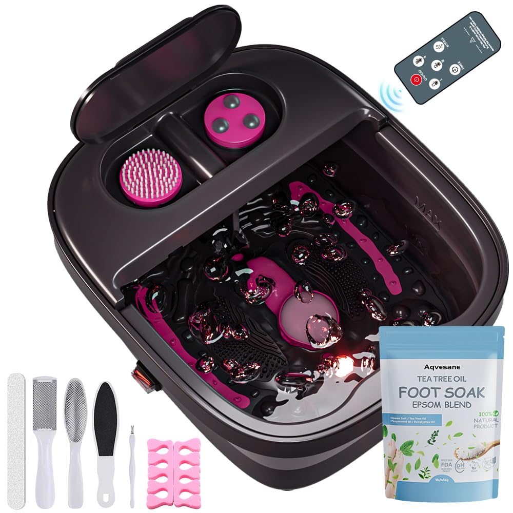 Collapsible Foot Bath, Foot Spa Bath Massager with Heat, Bubble, Remote Control, Temperature Control, 3 Pedicure Attachments, Feet Soaking Tub for Stress Relief