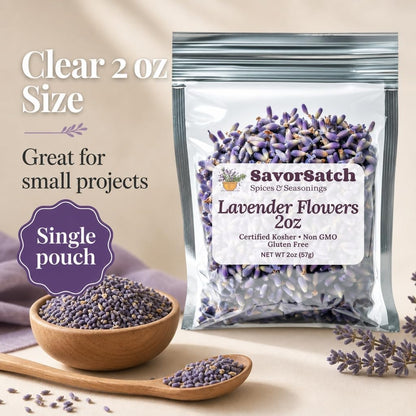 SavorSatch Dried Lavender Flowers Buds – Resealable Pouch | Culinary Grade, Whole Flower, Kosher Certified, Non-GMO | Soothing Aroma, Herbal Tea, Baking, Crafts, Sachets – Product of Albania