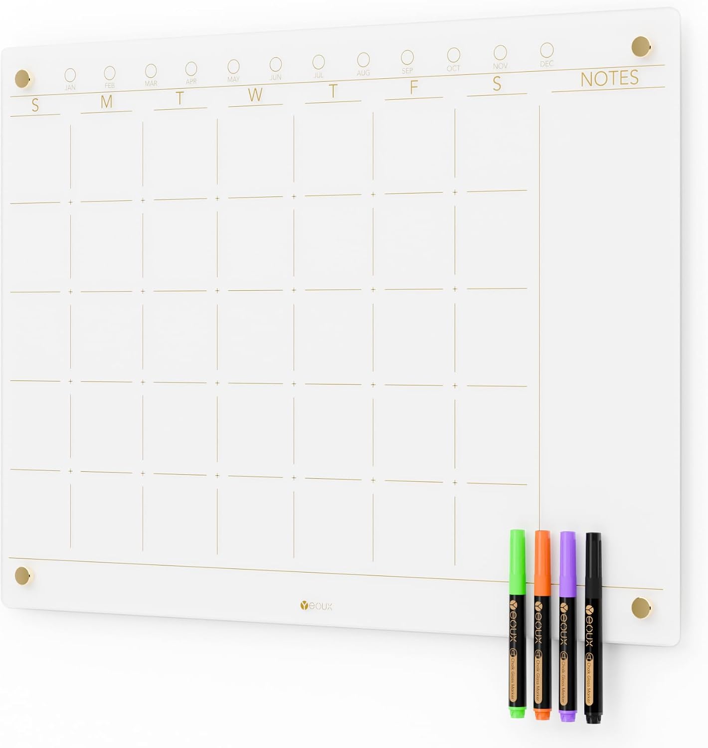 Black Glass Golden Monthly Dry Erase Calendar Whiteboard for Wall, 17" x 23", Frameless Large Planner White Board for Home Kitchen Office, 4 Wet Erase Markers Included, Yeoux